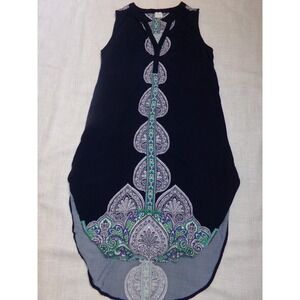 Cupio Sleeveless Blue With Floral Tunic Dress High Low Hem Boho Hippie Large